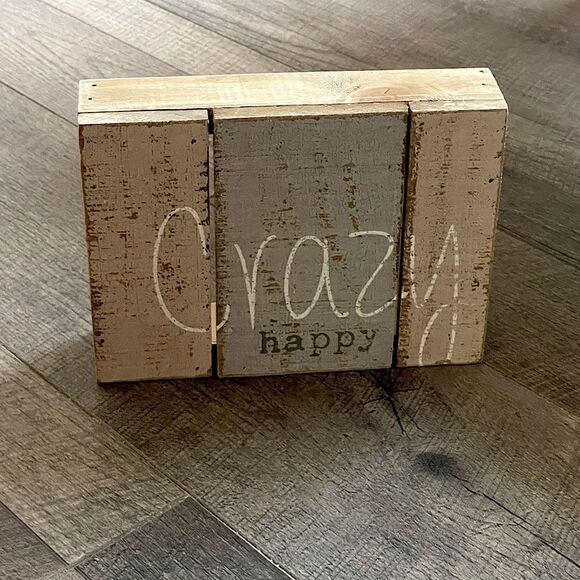 New! “Crazy Happy” Light-Brown Wooden Home Decor/Sign. 7 in. x 8.5 in. - Picture 1 of 5